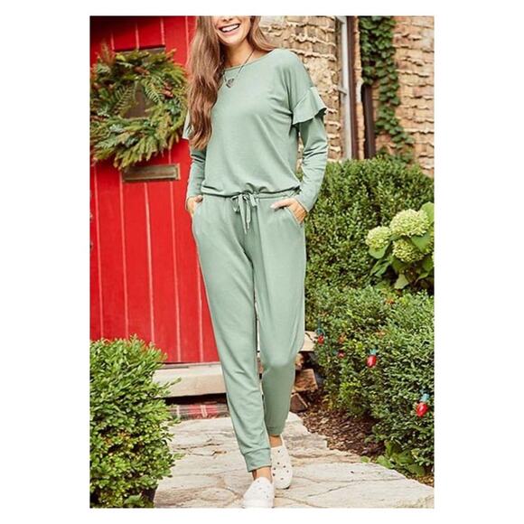 Matilda Jane Mint Green Long Sleeve Resting Day Pocket Knit Jumpsuit Sz.L - Picture 1 of 14
